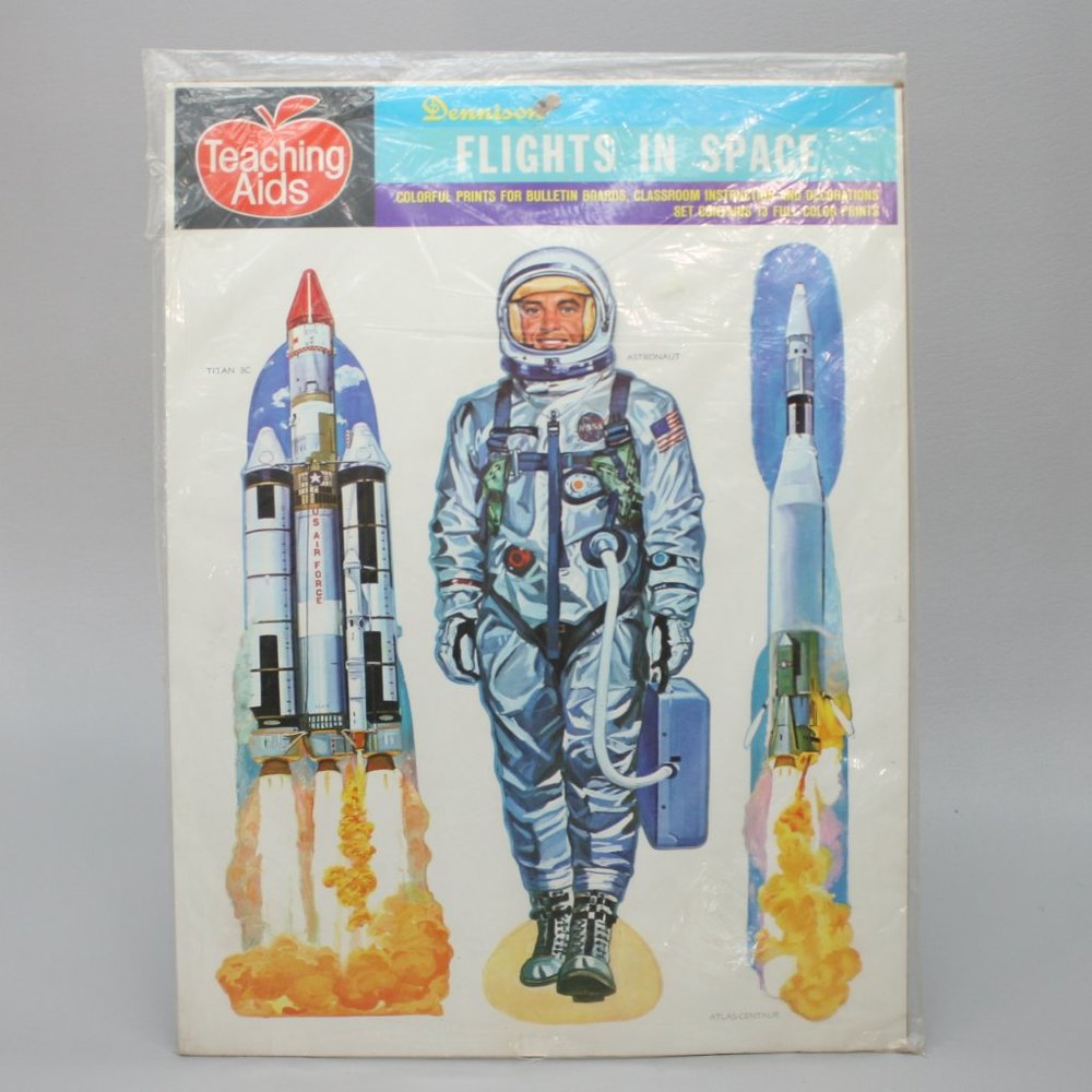 Vintage Dennison Teaching Aids Flights in Space 13 Cutouts Prints NASA Die-cut